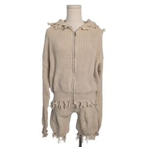 Hooded fringe zip up knit sweater and shorts set